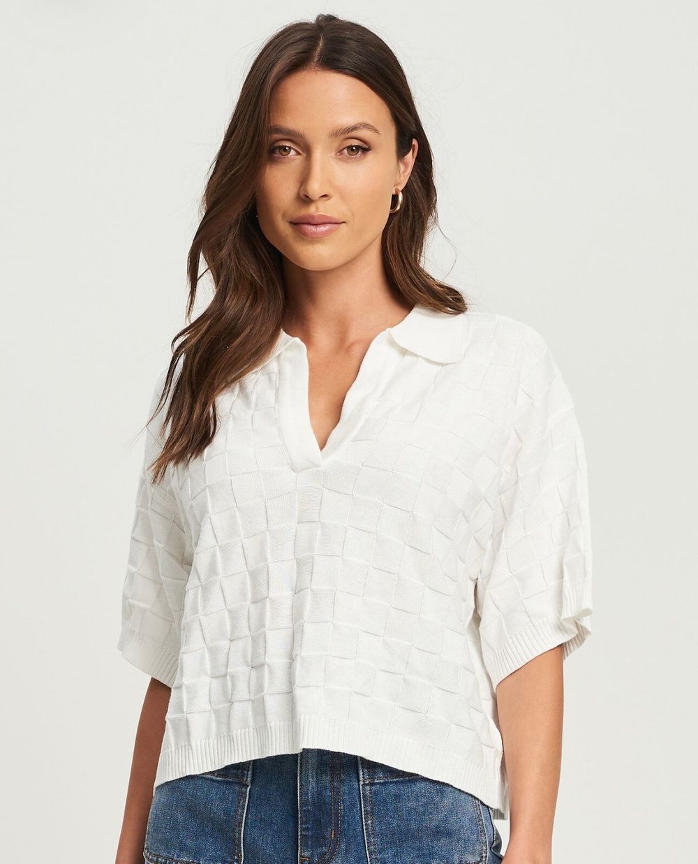 White Check Knit Top