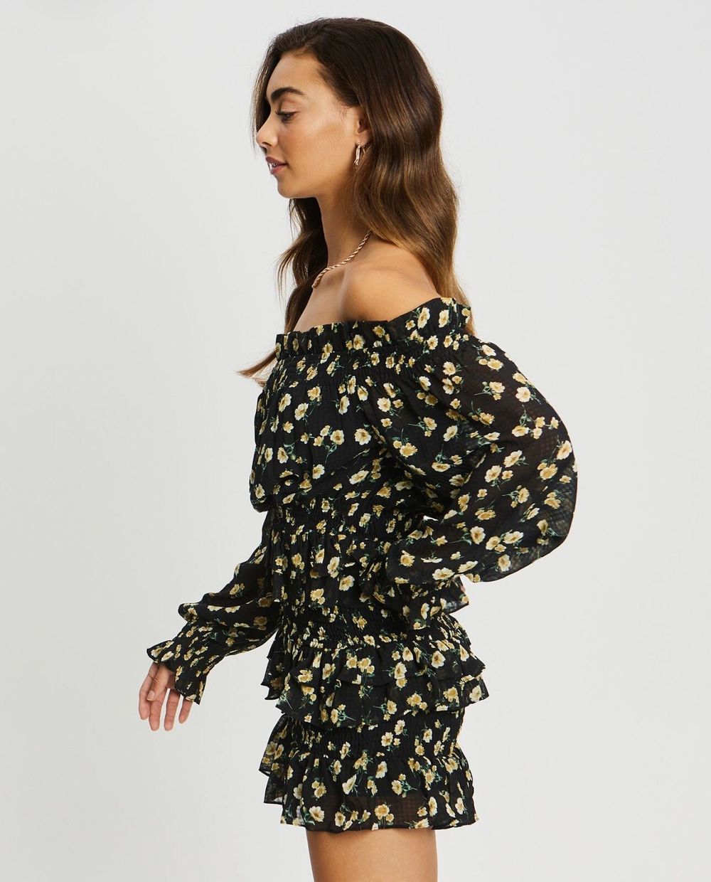 Floral Ruched Off Shoulder Mini Dress