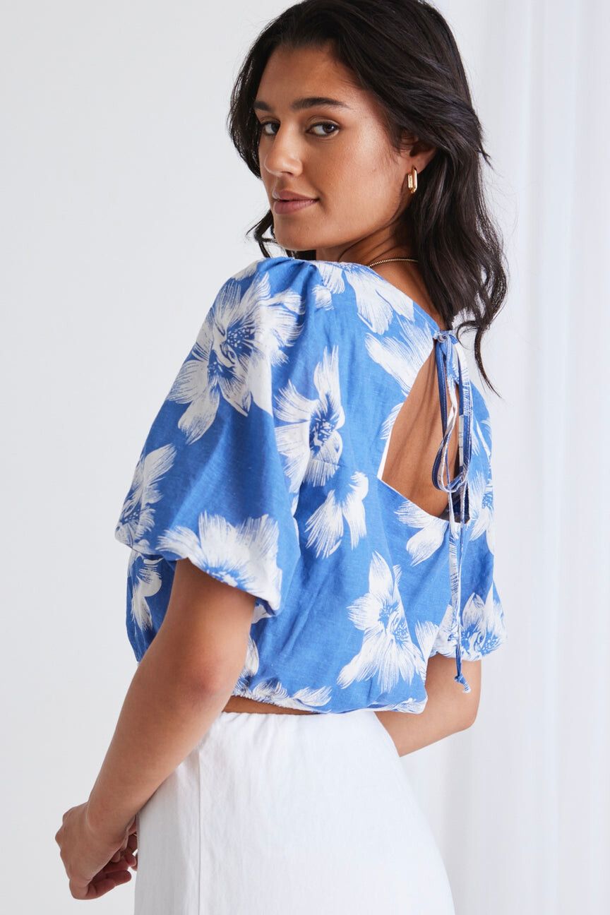 Blue & White Puff Sleeve Top