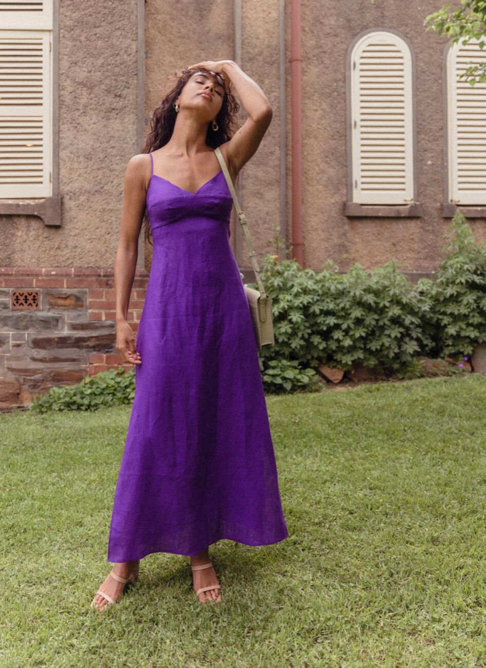 The Wolf Gang - Fleur Linen Maxi Dress - Violet on Designer Wardrobe The Wolf Gang - Fleur Linen Maxi Dress - Violet on Designer Wardrobe