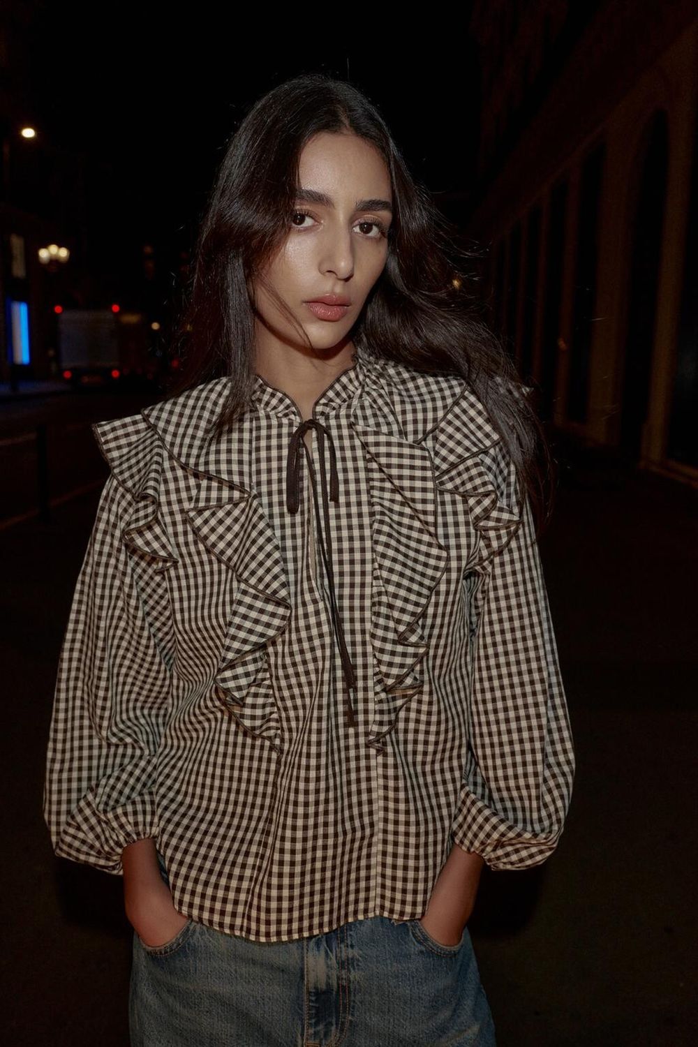 BLOUSE WITH RUFFLES, CHECKS AND BOW