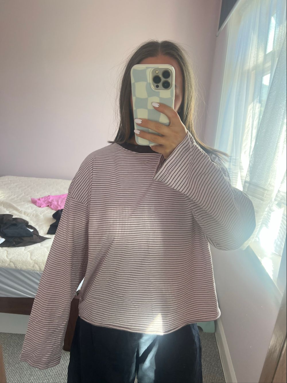 Pink and Black Striped Long Sleeve Top