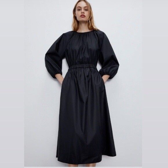 knee length dresses for ladies Zara Green Puff Sleeve Midi Dress