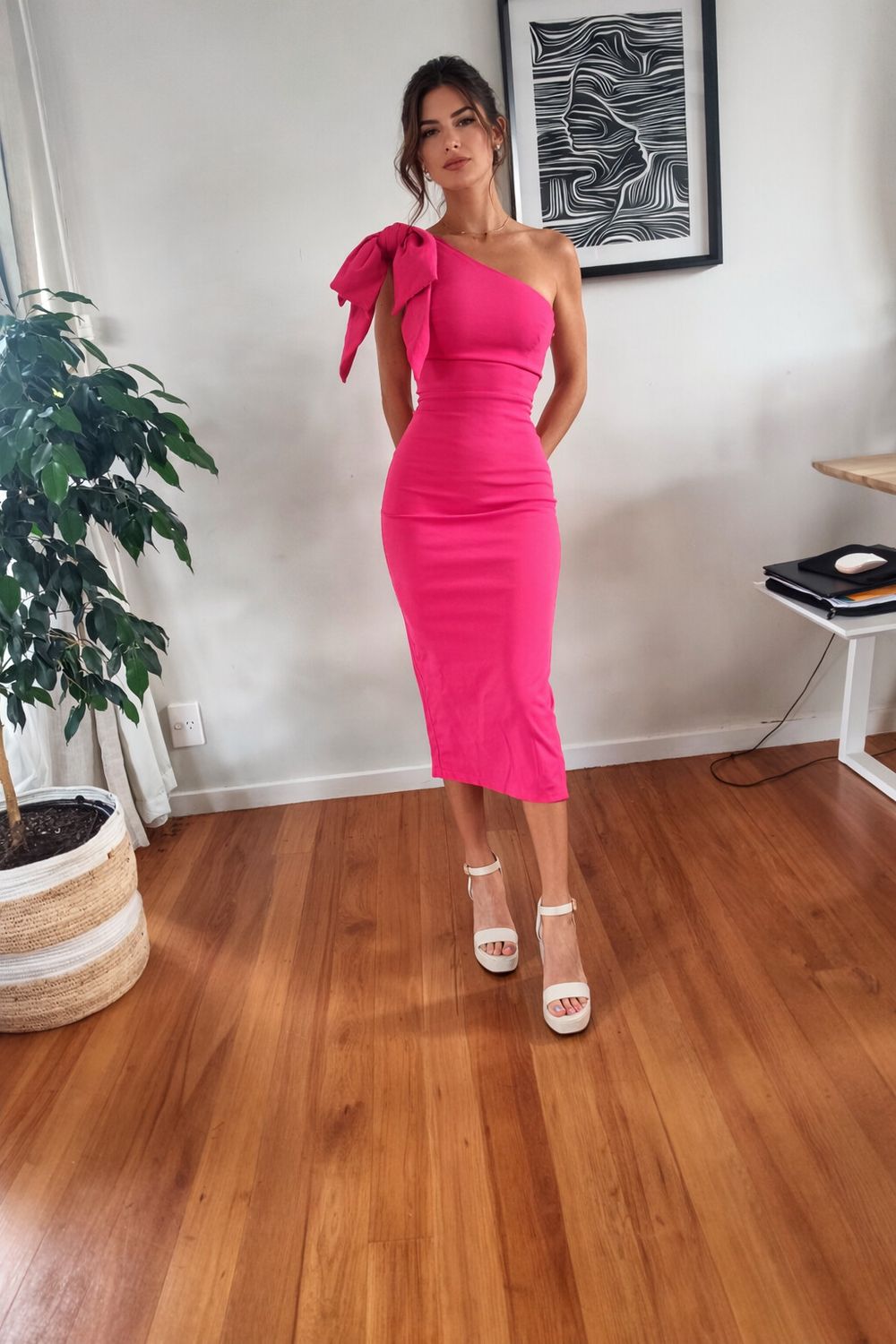 Pink One-Shoulder Midi Dress