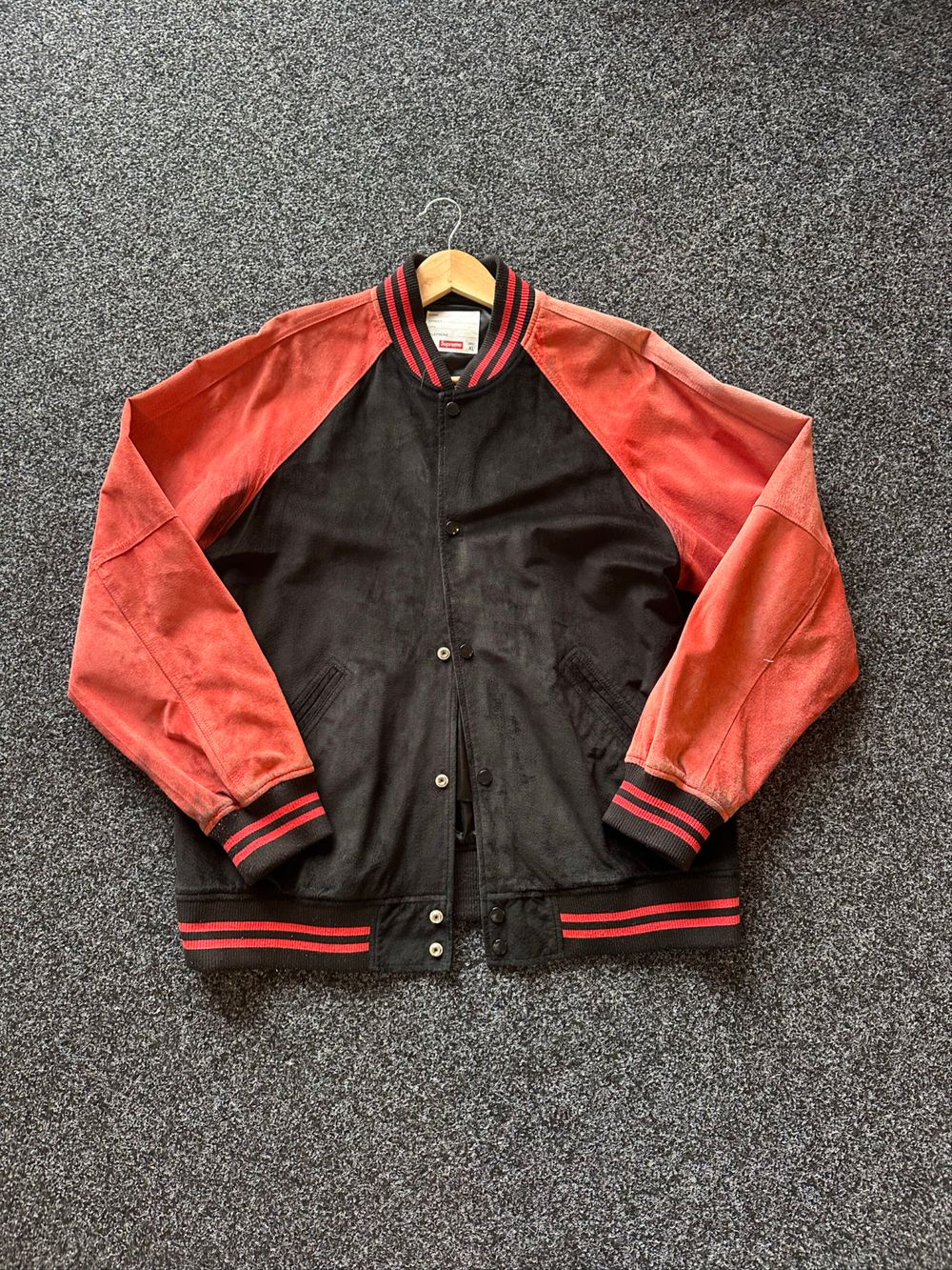 Vintage Supreme Black and Red Varsity Jacket - Suede