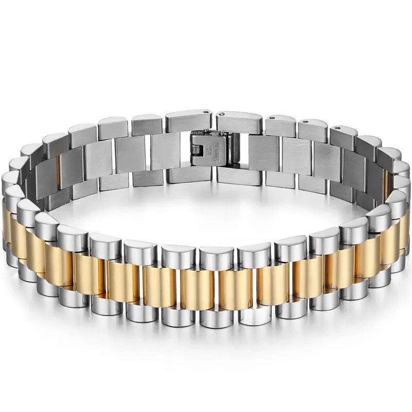 ✨ 2 tones 18K Gold and silver filled stainless steel watch style 20 cm bracelet for men or female