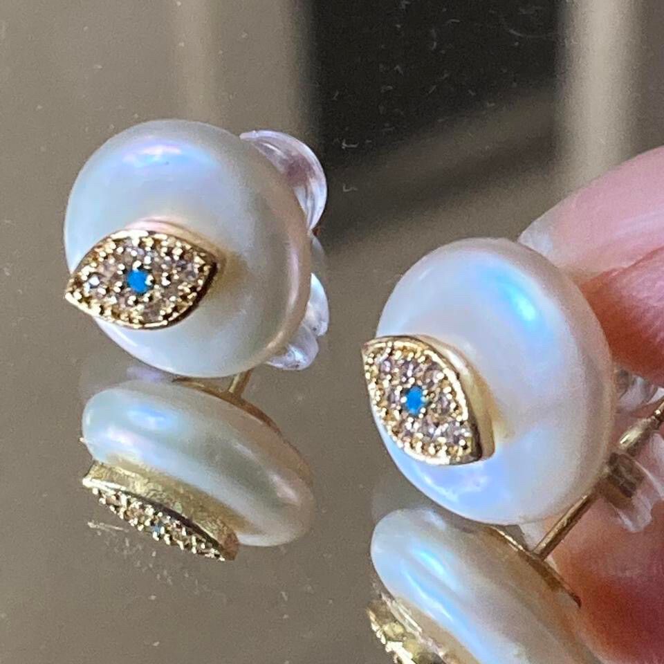 ✨Gorgeous evil eye pearl stud earrings ✨ Gold plated brass and real freshwater pearl Real zircons  #gift idea #pearl anniversary or birthday  Engagement gift  High quality design and materials #happiness #magick #spirituam niche