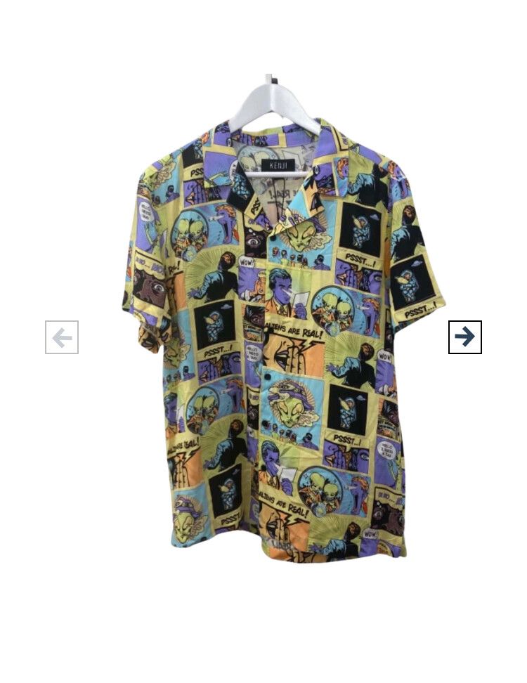 Kenji “Aliens Are Real” comic print shirt ✨ Size S — worn twice (no tag anymore)  A statement shirt featuring a vibrant pop-art inspired alien comic print.  Futuristic, fun, and full of personality — perfect for festivals, parties, or streetwear lovers.