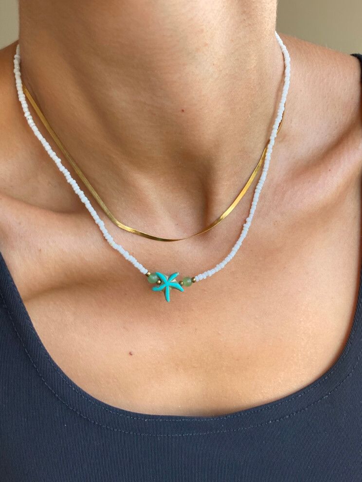 ✨ Mermaidcore Starfish Necklace ✨  Pre-loved ocean gem with serious mermaid energy. Features a turquoise starfish, green beads, and white seed beads for that sun-kissed, sea-drenched vibe. Light, cute, and perfect for layering.  #mermaidcore #beachvibes #