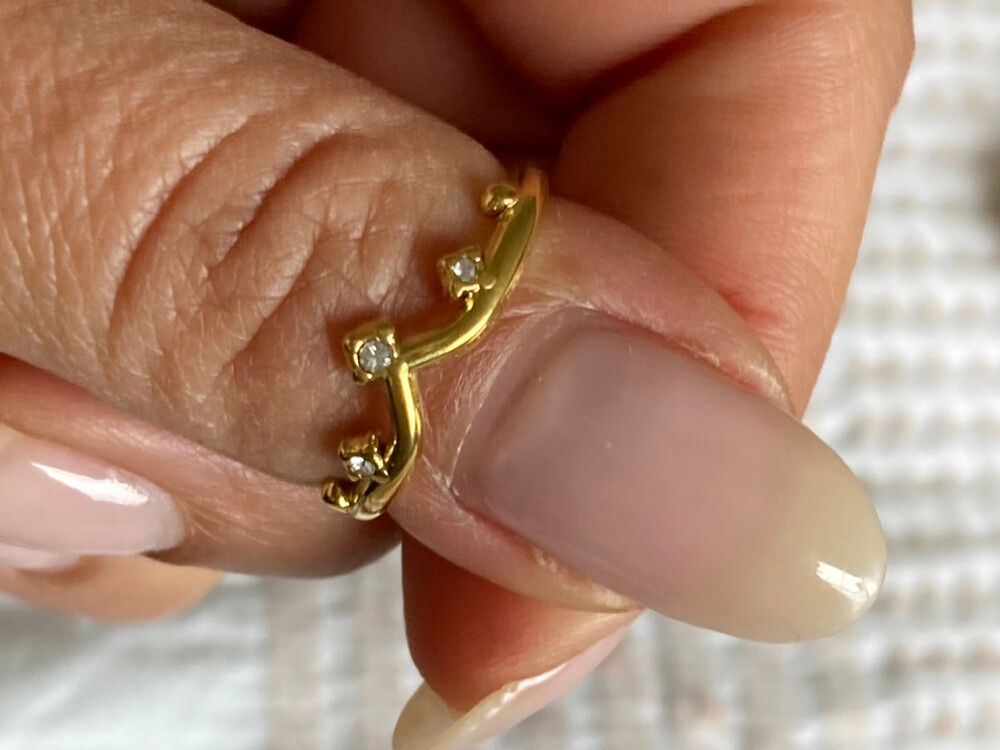 ✨Star Orbit Ring✨  Crafted from 18k gold-filled stainless steel, this ring is waterproof, tarnish-free, hypoallergenic and will never fade or color your skin. Its unique curved design is accented with delicate cubic zirconia stones for a subtle shimmer th