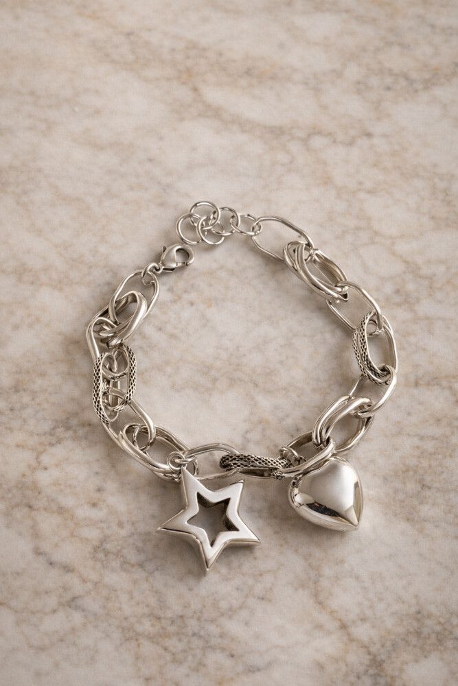 ✨ Chunky 925 Sterling Silver Charm Bracelet – Star & Heart Statement Piece ✨  A bold yet timeless piece that instantly upgrades your stack. This 22g genuine 925 sterling silver bracelet (stamped) is heavy, high-quality, and made to last. Featuring a dream