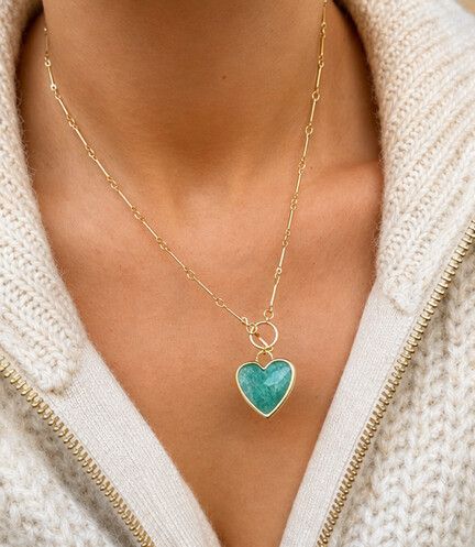 ✨ Amazonite Heart Necklace ✨  Soft aqua blue Amazonite heart necklace with a chic front clasp closure that gives such an elevated vintage-luxe look. The natural Amazonite gemstone has those dreamy ocean-like tones that look unreal on tan skin and make blu