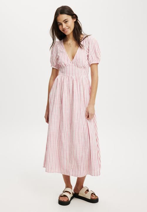 Puff Sleeve Midi Dress | Red Stripe