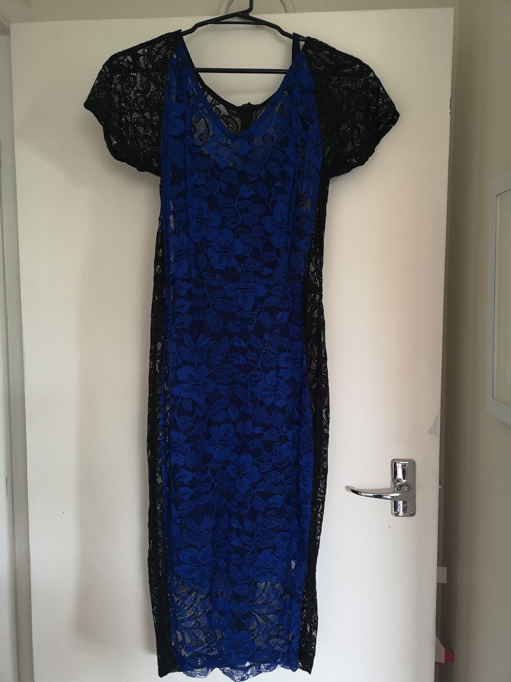 Andrea Moore - Electric blue and black lace pencil dress with navy slip on  Designer Wardrobe