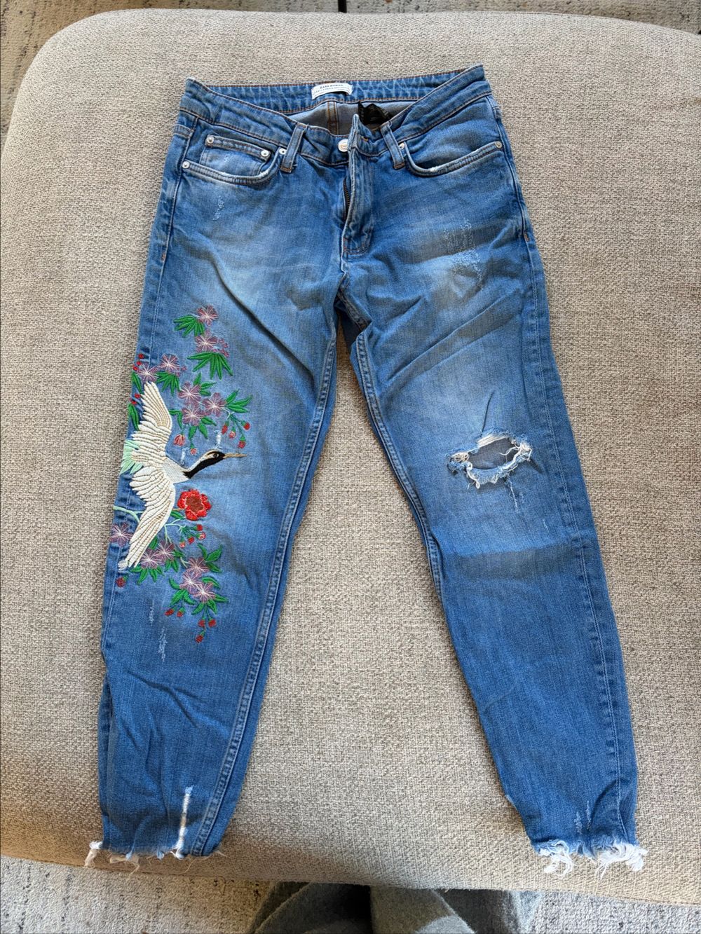 Zara Blue Embroidered Crane Jeans