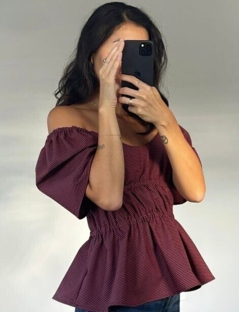 Ellis Label Burgundy Gingham Off-Shoulder Top
