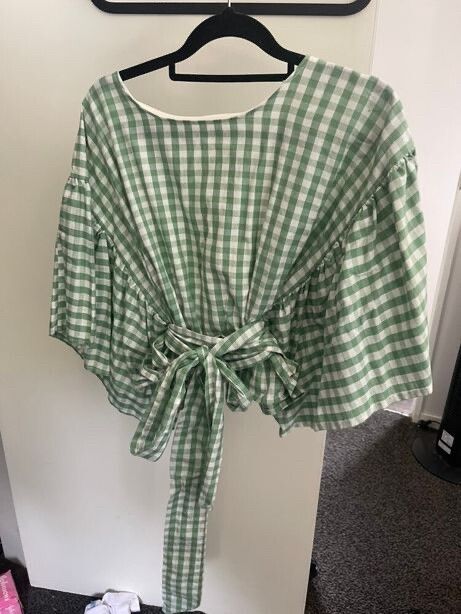 Green Gingham Tie-Front Top