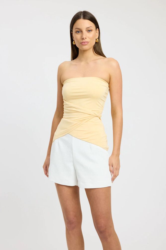 yellow strapless shirt