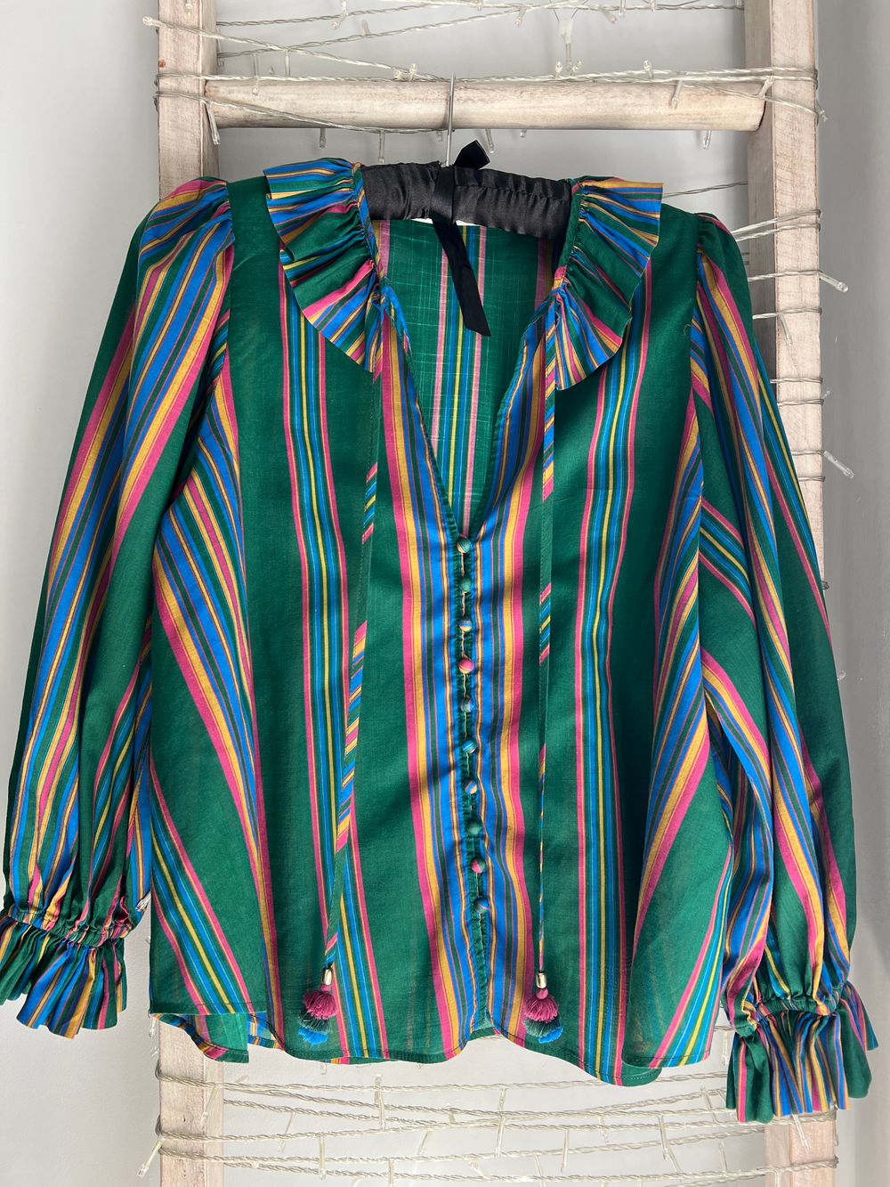Zimmermann green striped cotton voile tie-neck tunic blouse Size 0 or S