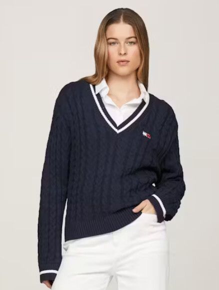 Varsity cable v-neck sweater