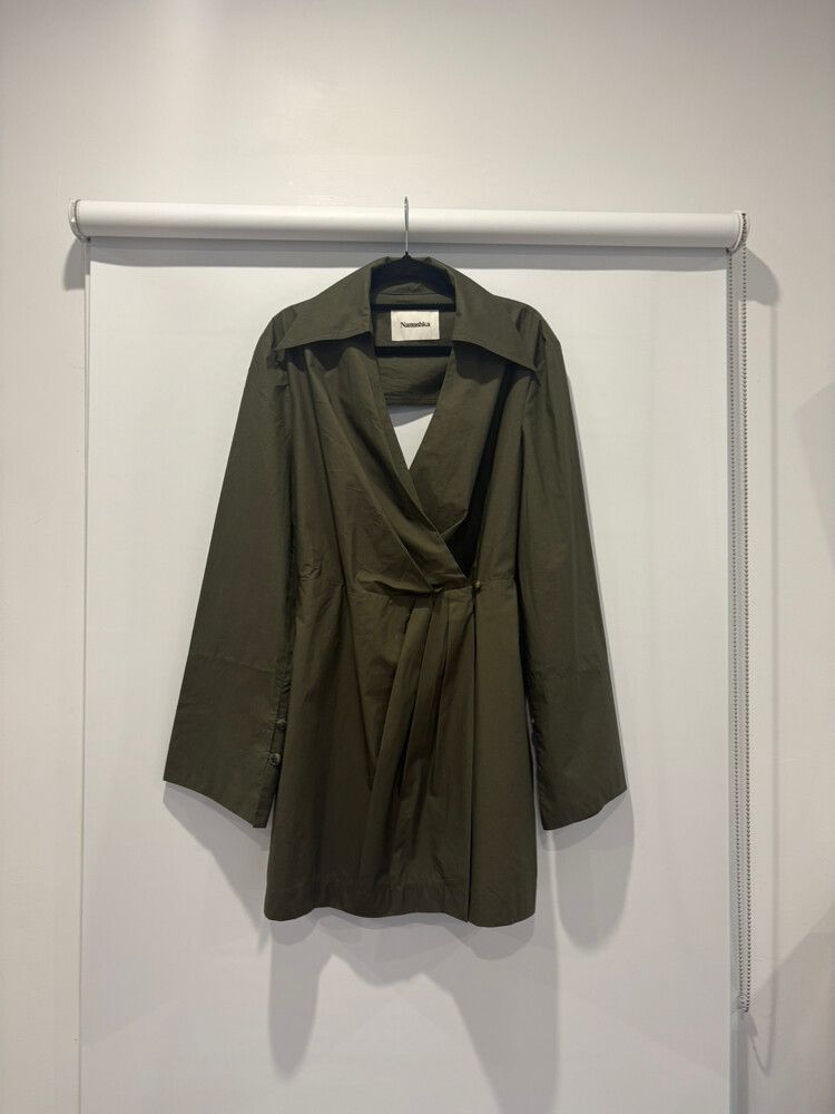 Nanushka “Esma” Cotton Wrap Mini Dress (Khaki)