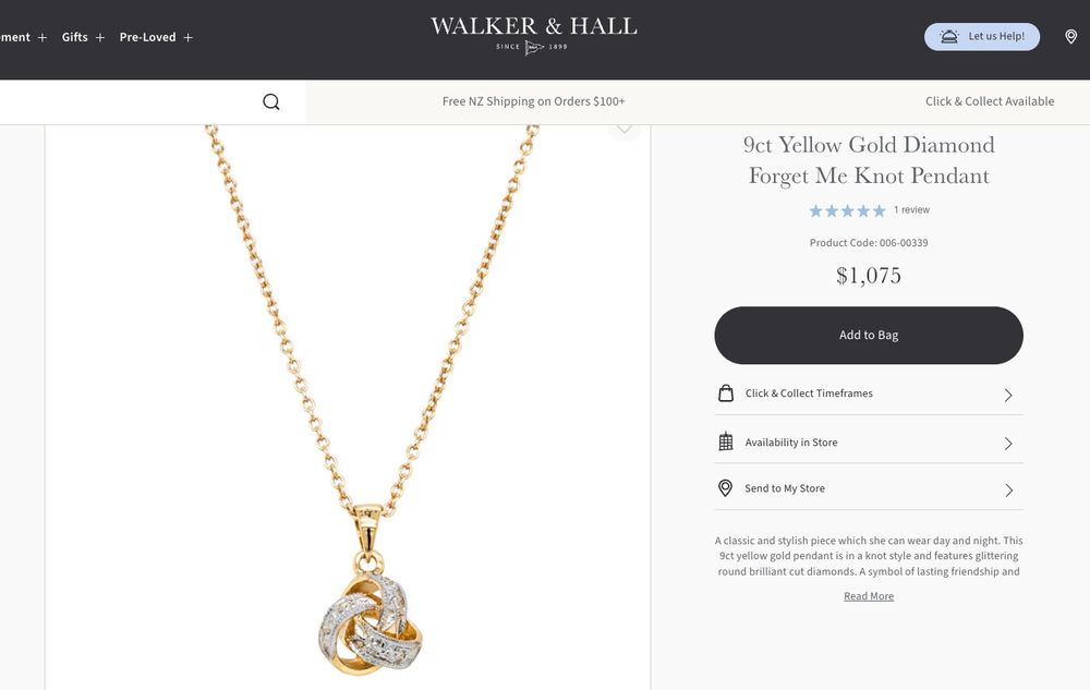 Walker & Hall 9ct Yellow Gold Diamond Forget Me Knot Pendant