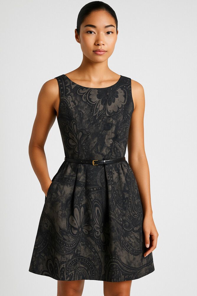 Cue - Cue Textured Dark Olive Baroque Print Fit & Flare Dress  Size 6 on  Designer Wardrobe