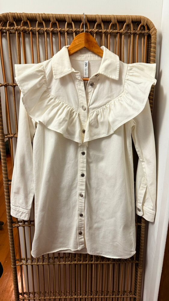 zara white denim shirt dress Zara Cream Denim Button Down Shirt Dress With Pockets Size Medium