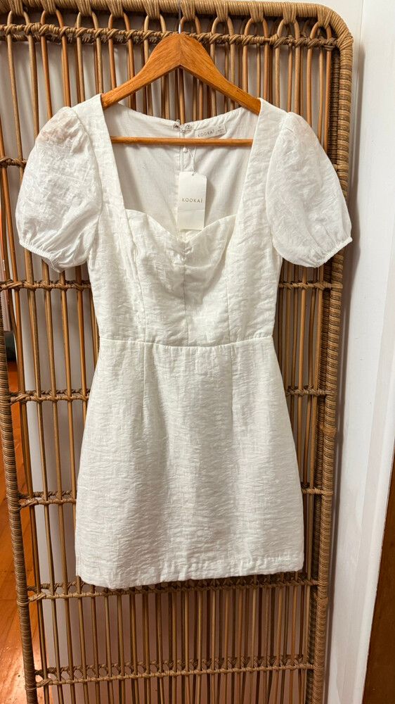 Kookai - Kookai Crisp White Textured Linden Mini Dress  Size 34  Romantic  Puff Sleeve (NWT, RRP $180) on Designer Wardrobe