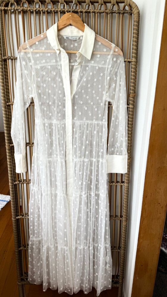 Zara - Brand New Zara White Polka Dot Sheer Shirt Dress  Size XS / US 2 /  EU 34  Polka Dot Mesh on Designer Wardrobe