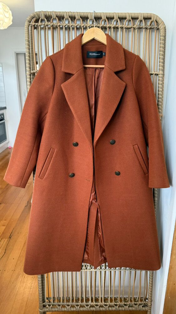 Mumila Burnt Terracotta Double-Breasted Coat – Size L – Wool-Blend with Antique-Brass Buttons