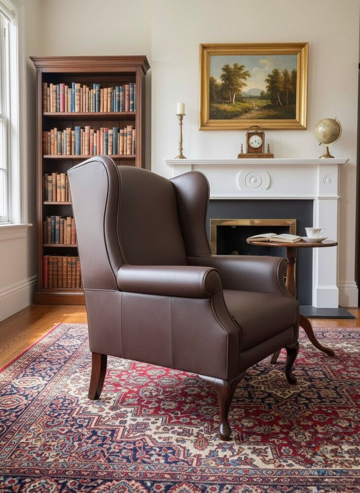 Genuine Leather Wingback Armchair – Chestnut– Carved Wooden Legs – As New