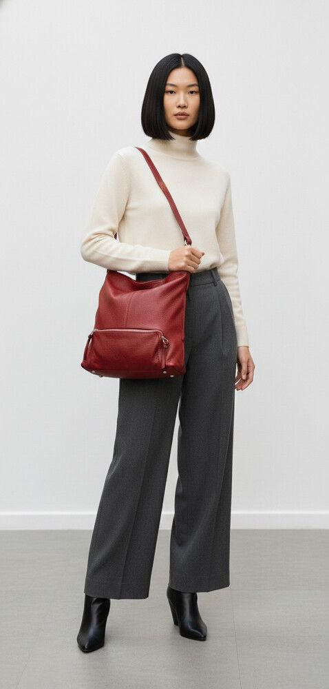 Trenery RRP $399 Deep Red Genuine Leather Hobo Tote – Thick Pebbled Leather