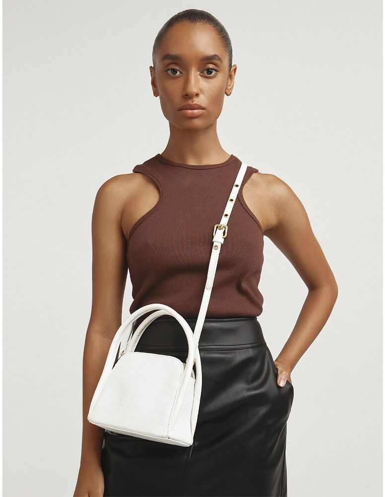 Brie Leon Evie Top Handle Bag – White Croc Embossed Vegan Leather – Excellent Condition