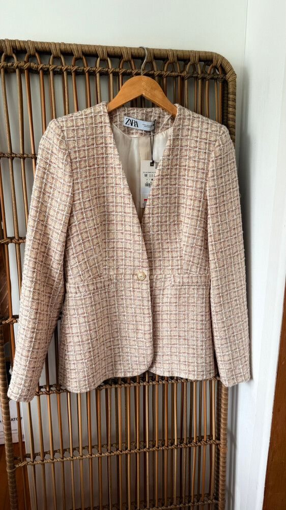 Zara Textured Bouclé Grid Blazer – Cream / Blush Multi – Size M – Tweed