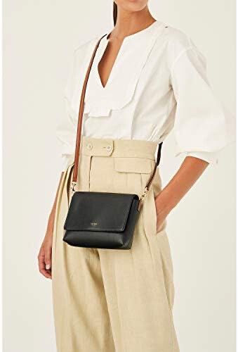 Oroton Harriet Small Crossbody Bag – Black Saffiano Leather with Tan Strap