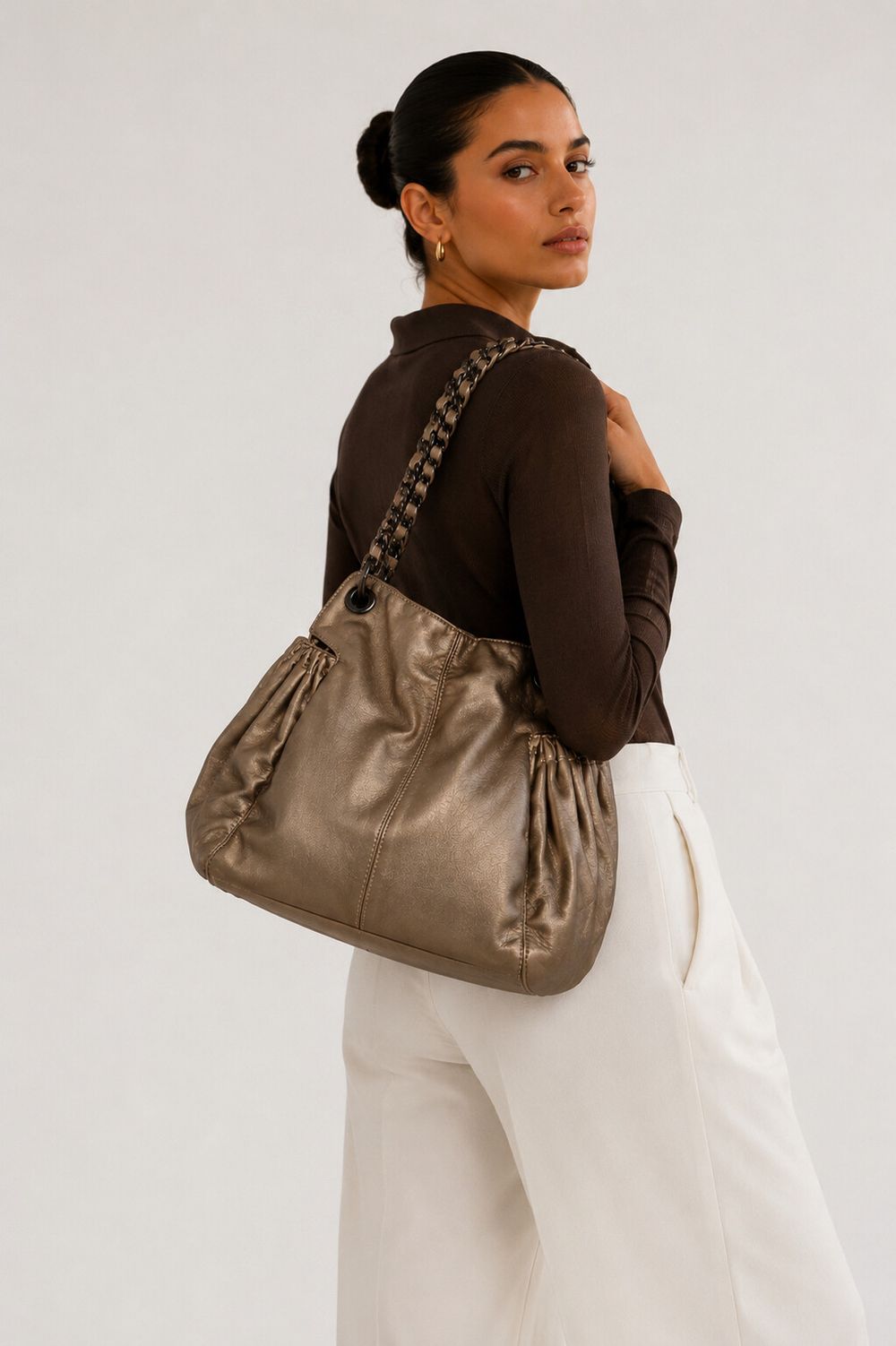 OROTON COSTA HOBO RRP $595 LEATHER SHOULDER BAG – METALLIC CHAMPAGNE TAUPE