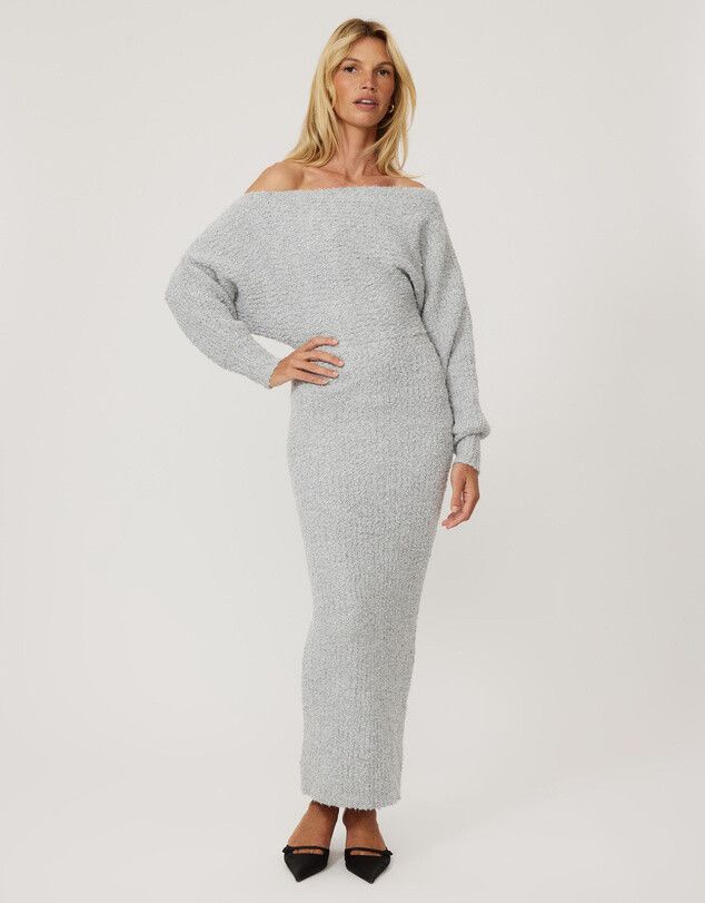 grey dress with black sleeves Grey Off The Shoulder Knitted Dress – AX Paris main image 1