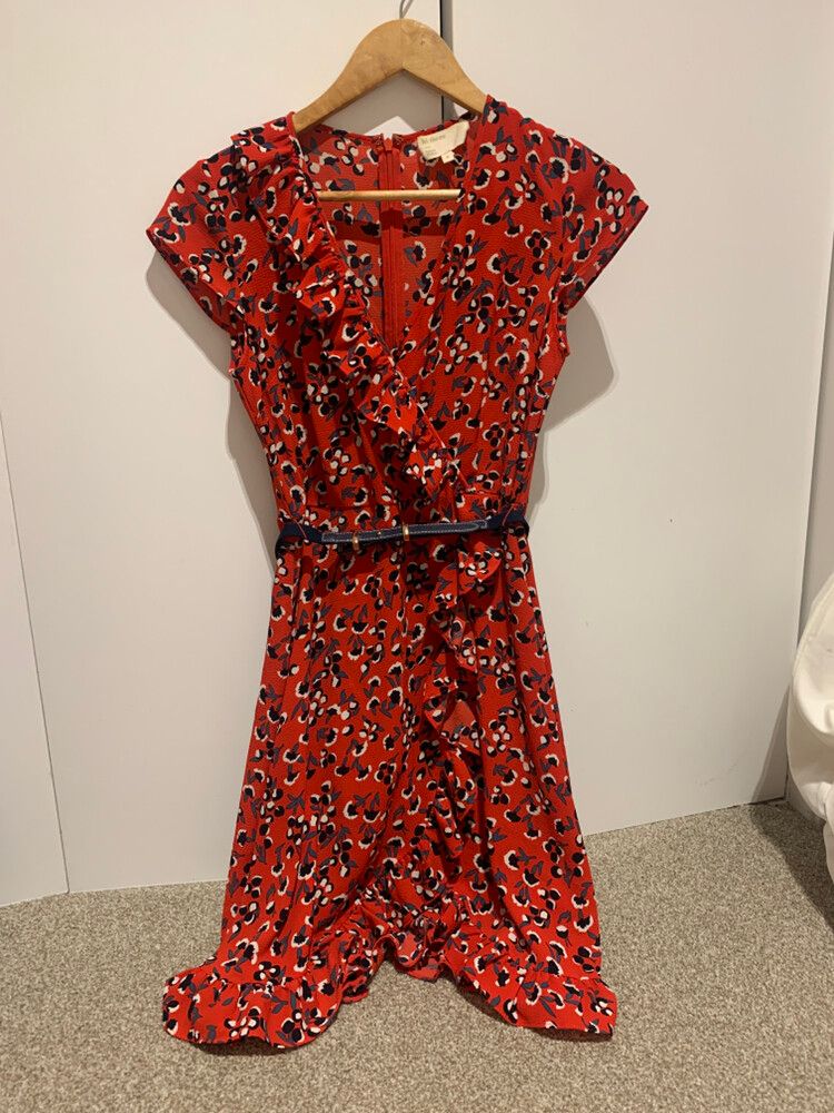 hi there karen walker red dress Hi There Karen Walker Red Dragonfly Satin Cap Slv Pleat Ruch Shift Dress Size 2