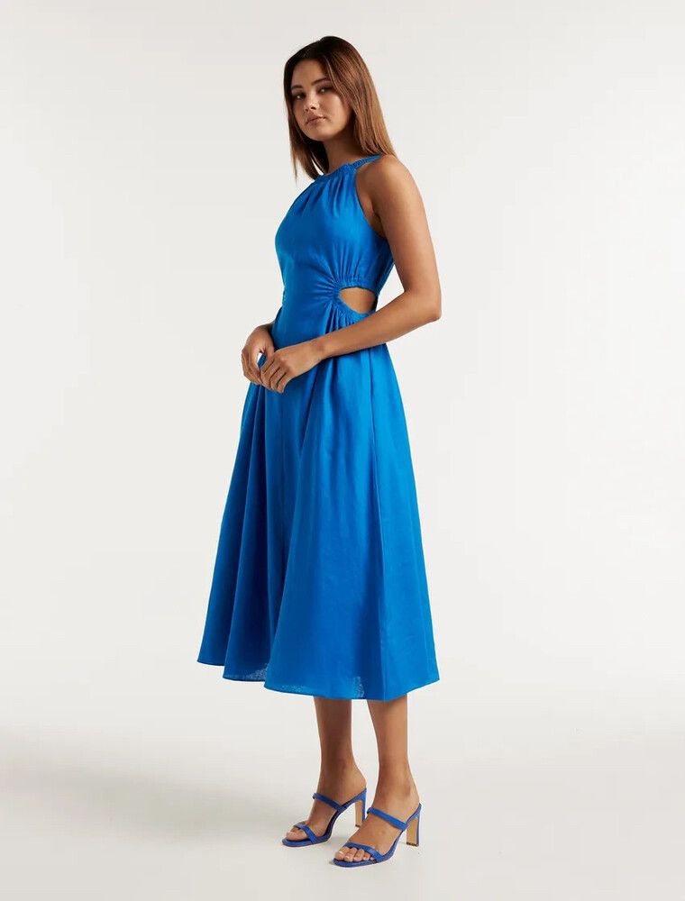h&m dress blue and white Yvette Halter Neck Satin Maxi Dress Blue Atmosphere