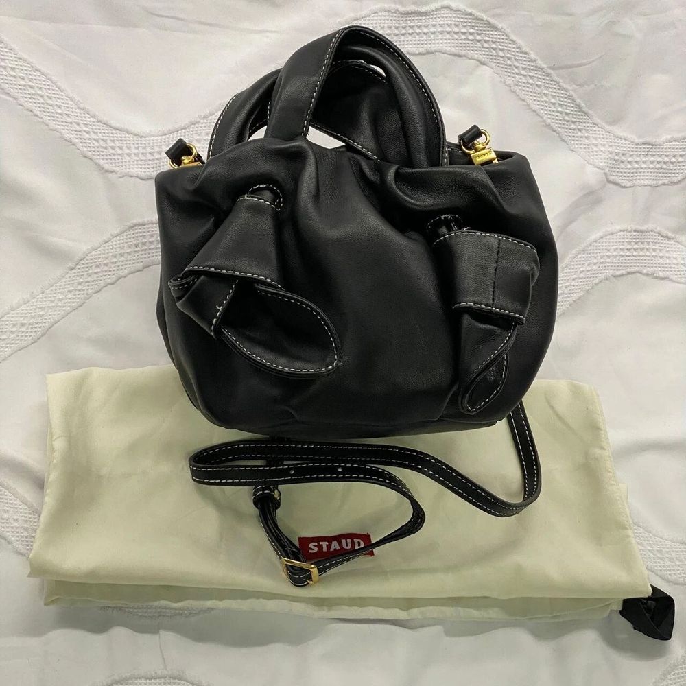 STAUD Ronnie Mini Black Leather Knotted Satchel Crossbody Bag w Dust Bag