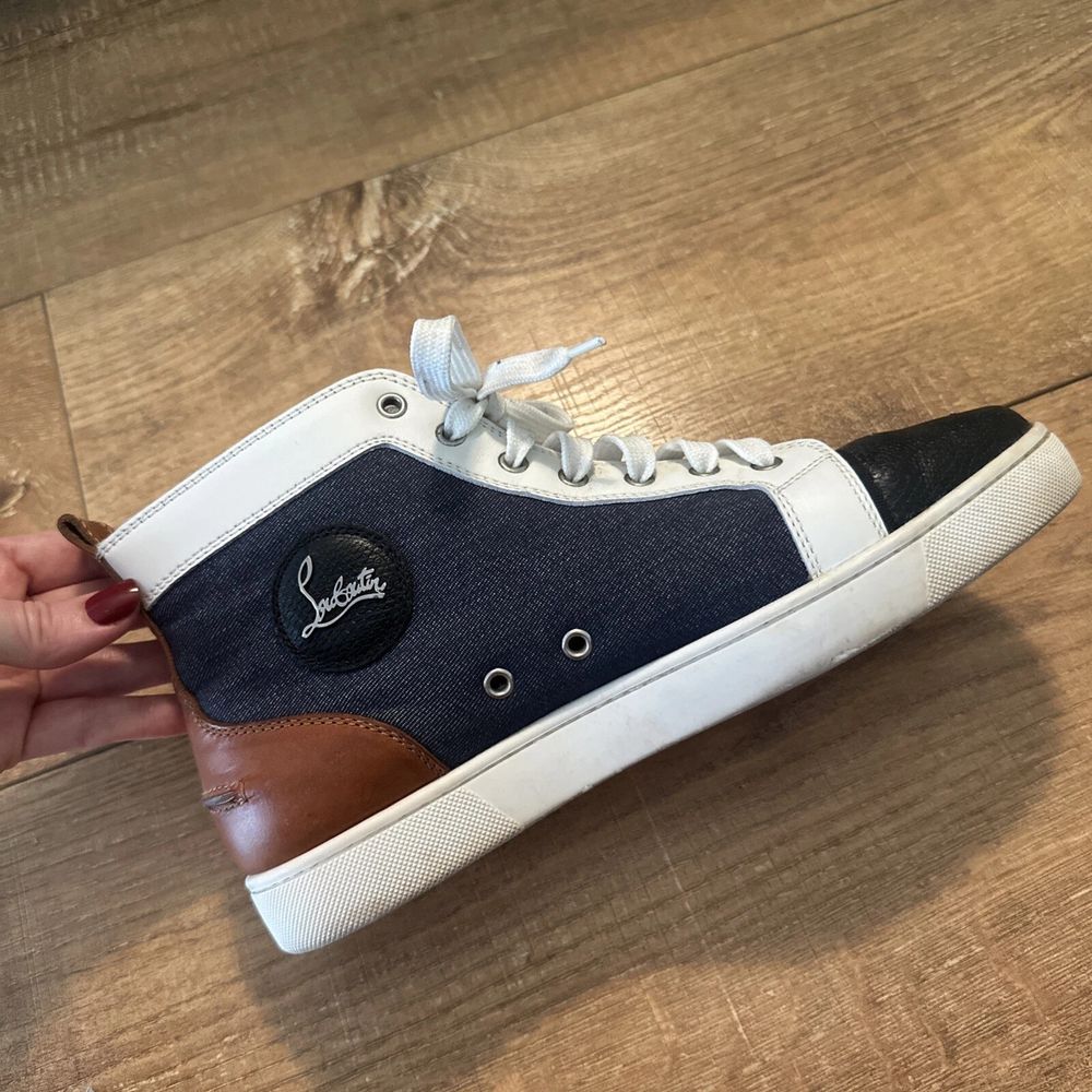 Christian Louboutin Louis Flat High Top Sneakers Denim Leather Size 42.5