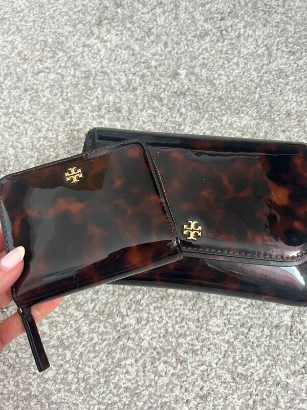RARE Tory Burch Emerson Tortoise Patent Leather Bag & Wallet Matching Set