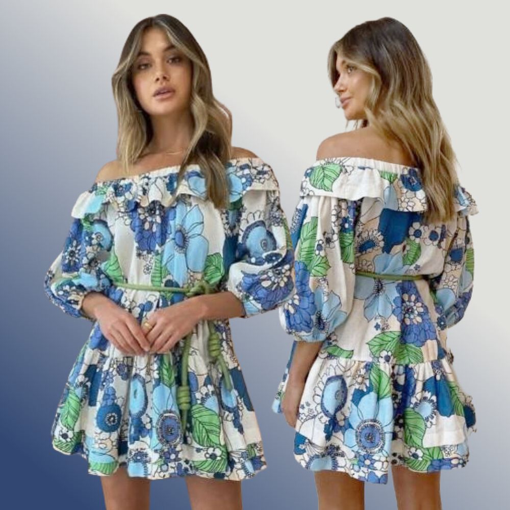 Alemais Farrah Ruffle Blue Linen Short Dress Off the Shoulder
