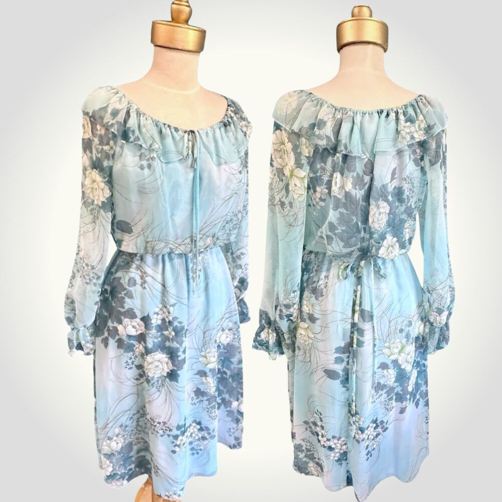 Vintage Floral Organza On or Off the Shoulder Blue Dress size XSSW