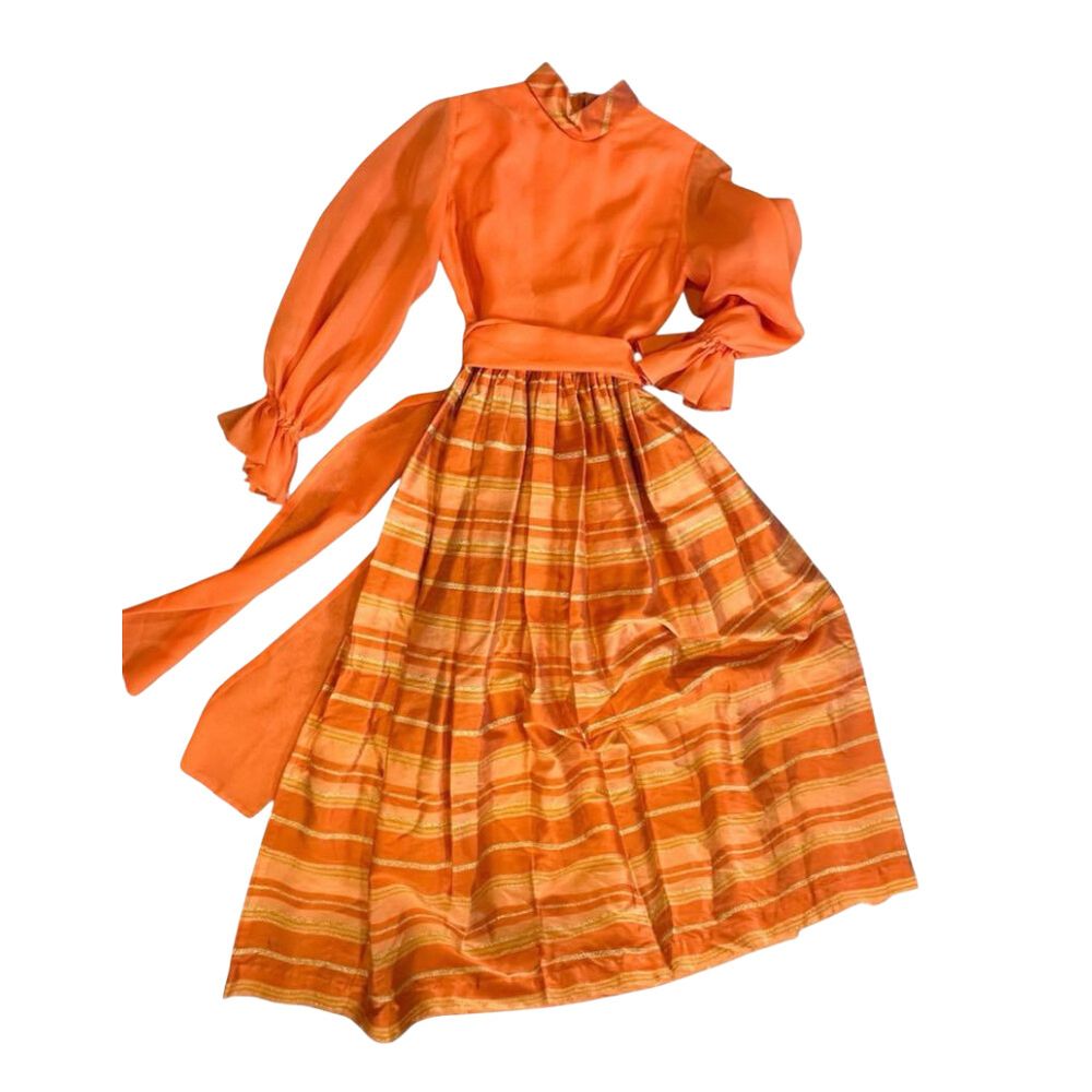 Vintage 70s Dress Orange with Gold Stripes