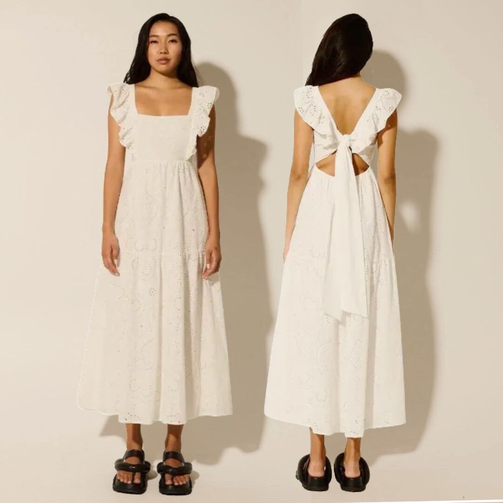 Kivari Clove White Broiderie Midi Dress AU 14 With Tie Back