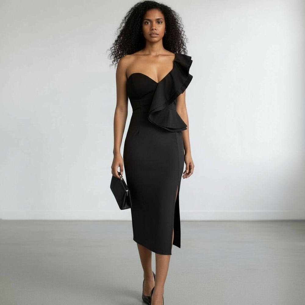 Hello Molly Caruso Midi Dress M Side Split One Shoulder Black Ruffle