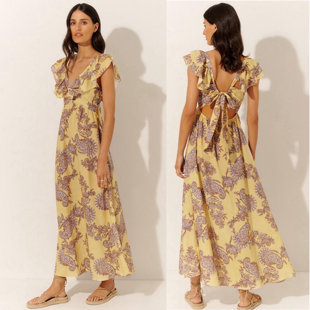 KIVARI Gabriella Linen Blend Tie Back Ruffle Maxi Dress  AU 10 Medium
