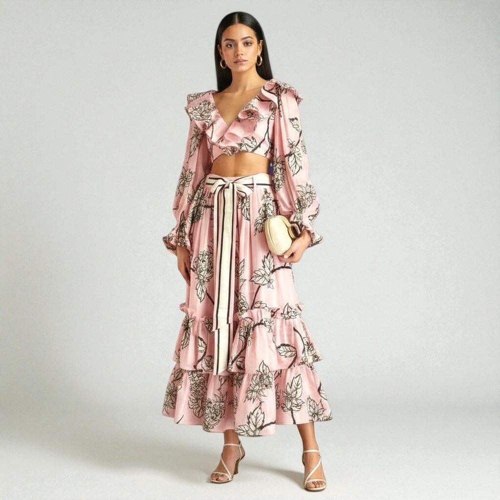 LEO LIN Pina Silk Linen Set consisting of a Top & Midi Skirt with belt AU 8